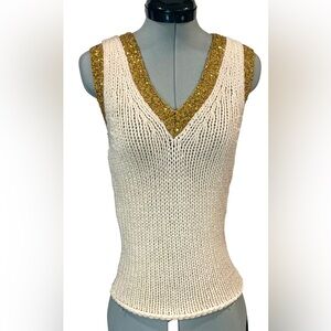 IISLI Knit Sleeveless V-Neck top, gold sequin trim, Cream, M, EUC
